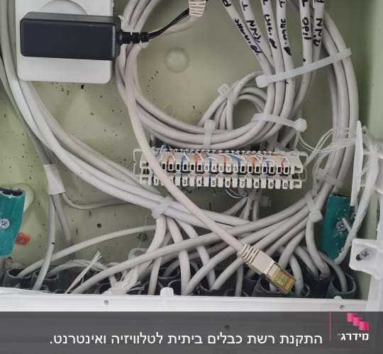 מתג רשת עם כבלים מחוברים ותגיות זיהוי